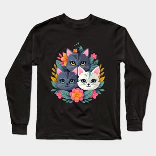 Bright drawing with kittens, cheerful art illustration, stylish print with kittens. Long Sleeve T-Shirt